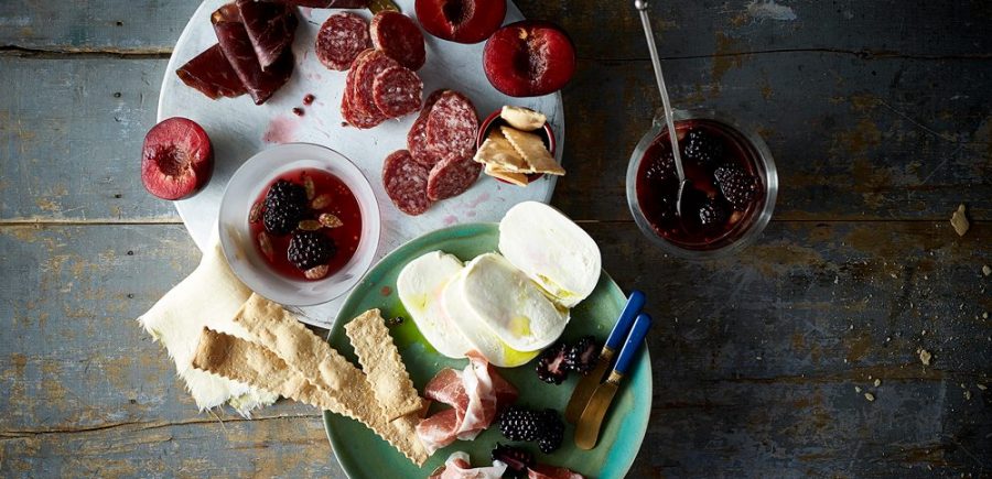 Salame Platter with Smoked Mozzarella Plums and Pickled Blackberries Hero A