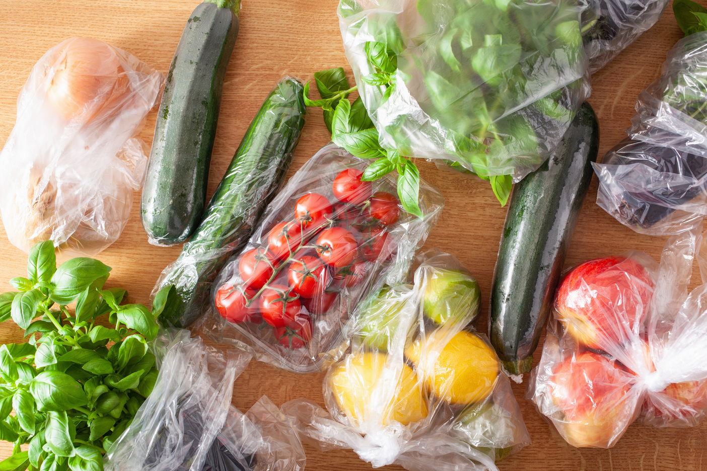 single use plastic packaging issue. fruits and vegetables in plastic bags