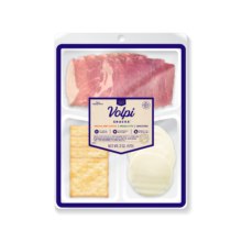 creamy provolone cheese with crackers and savory prosciutto