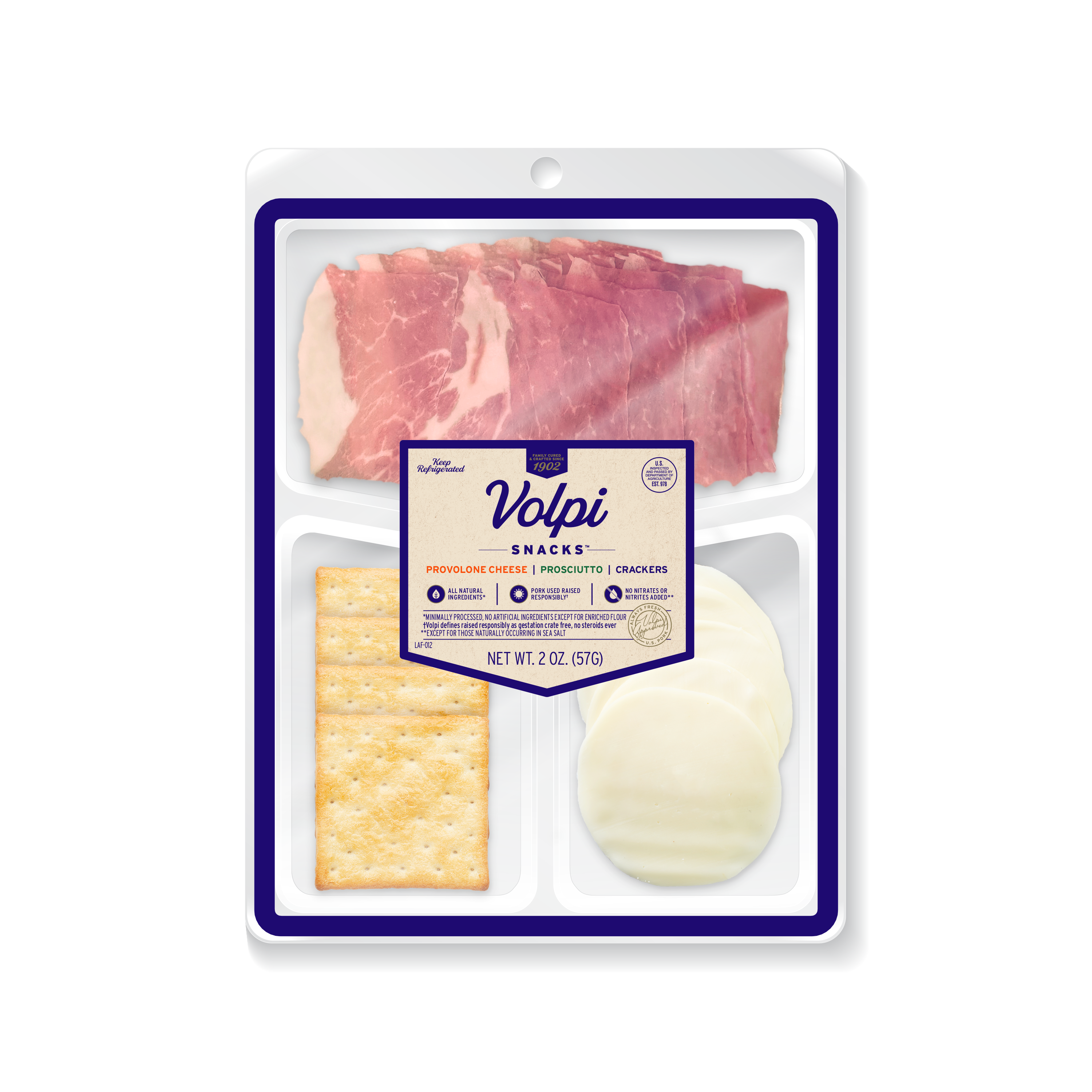 creamy provolone cheese with crackers and savory prosciutto